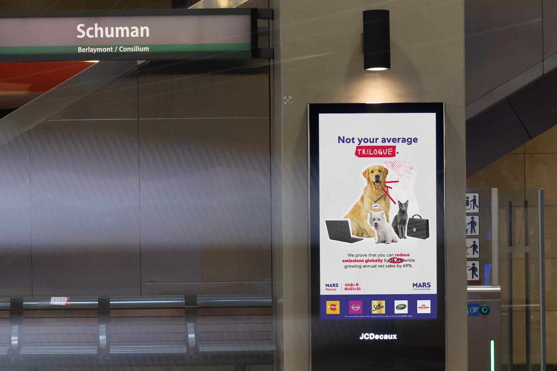 A Mars campaign on a digital advertising screen at Schuman metro station in Brussels, headlined &ldquo;Not your average trilogue&rdquo;