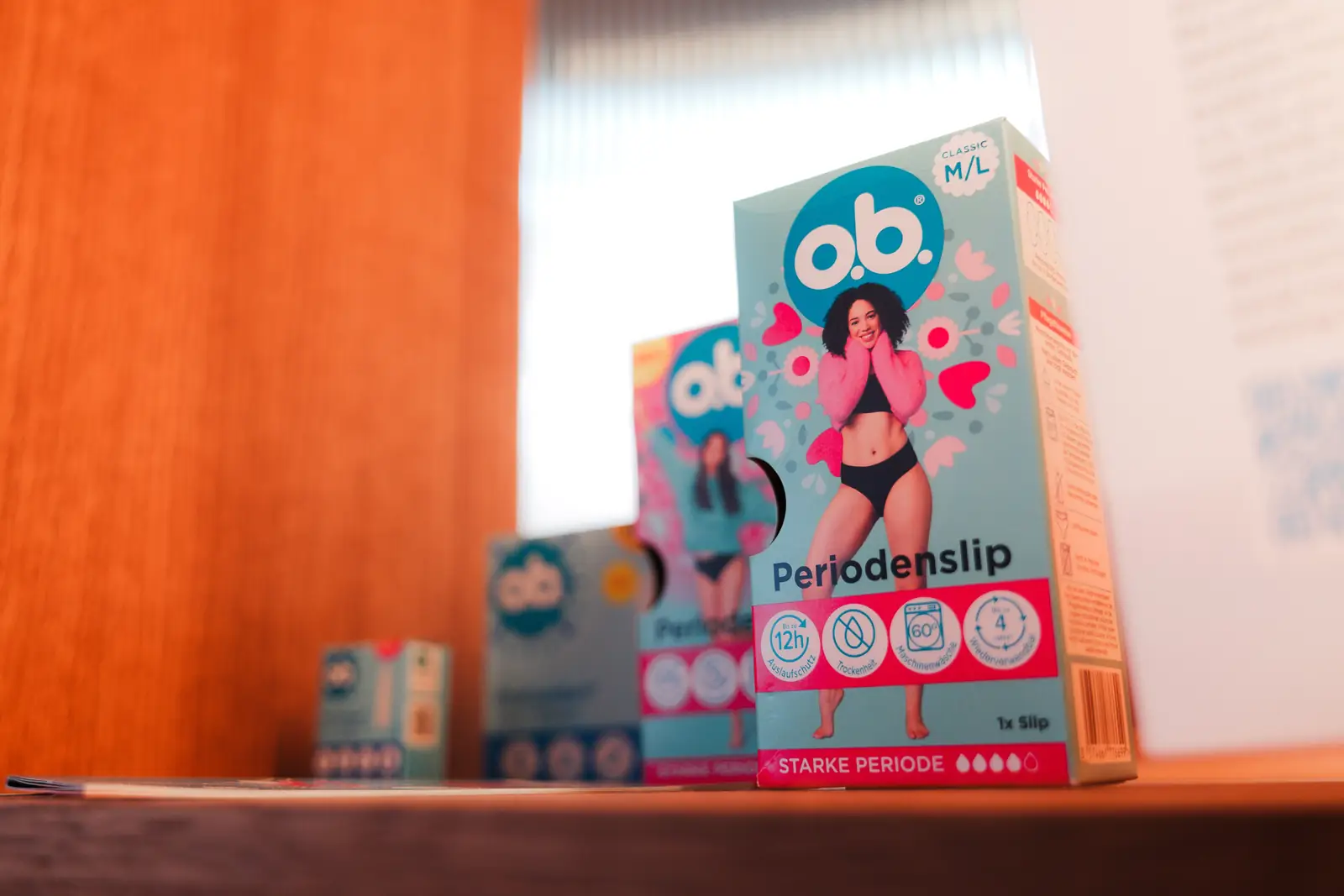 o.b. packaging on a display shelf