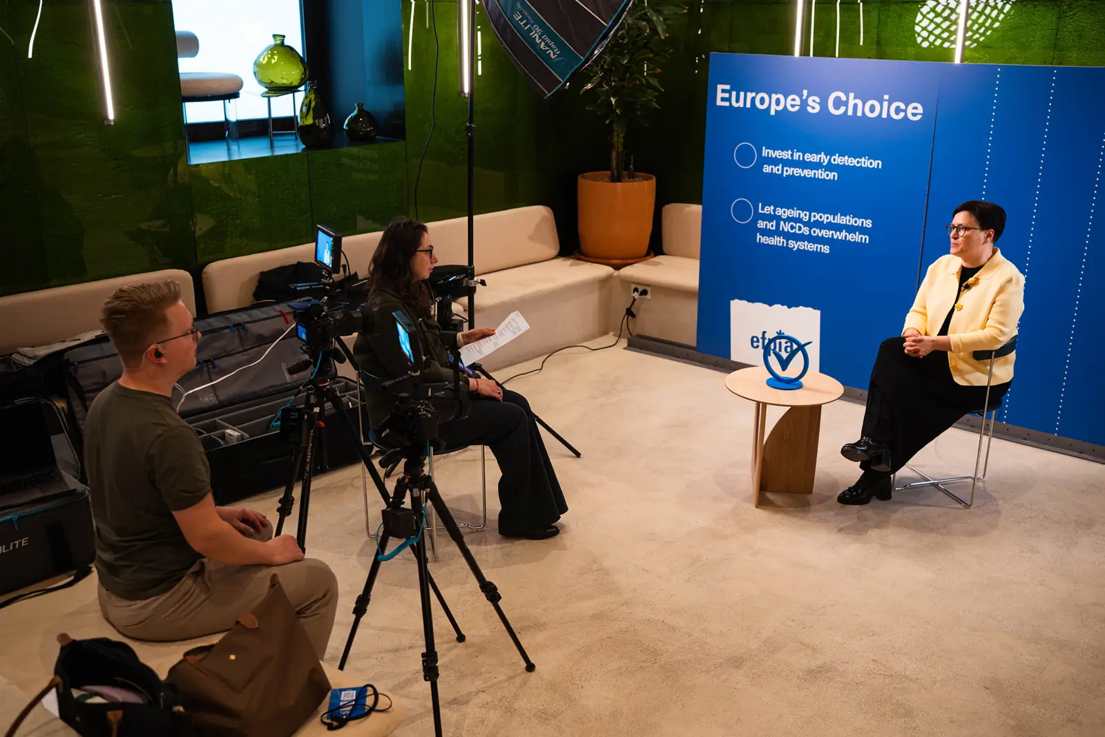 A filmed interview on the Europe&rsquo;s Choice set, with crew in the foreground